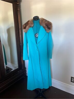 Vintage Tracy Reese Teal Wool Coat with Faux Fur Trim
